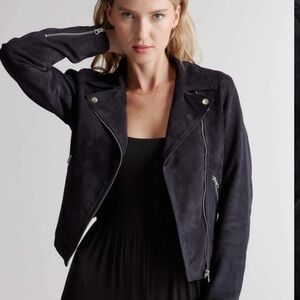 Quince Women's Black Suede Biker Jacket sz L Goat Leather Zippers Motorcycle